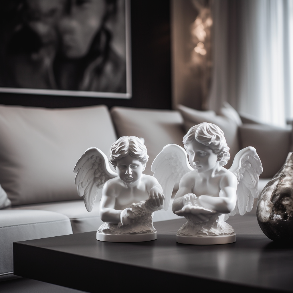 pair of decorative guardian angels on lounge table