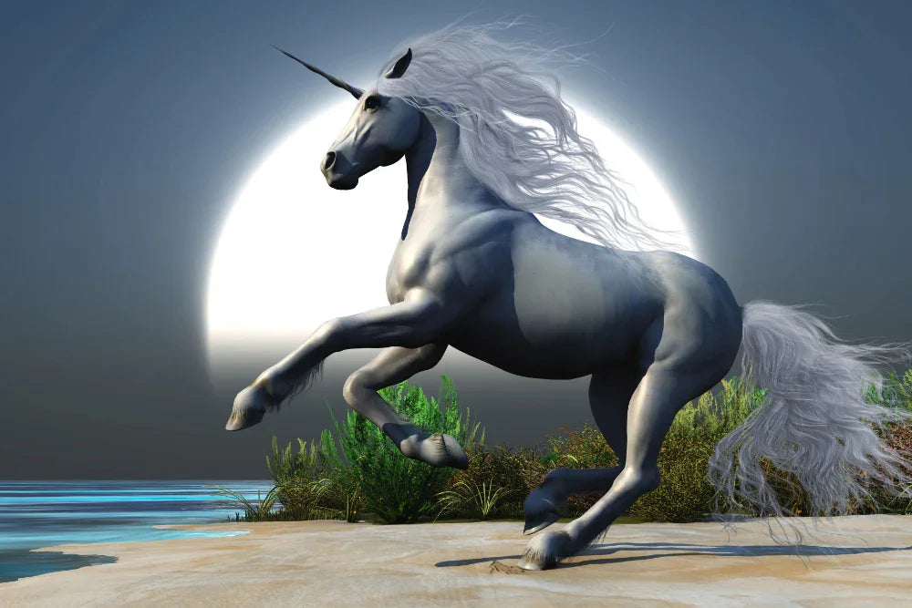 Cute magical unicorn on moonlit beach 