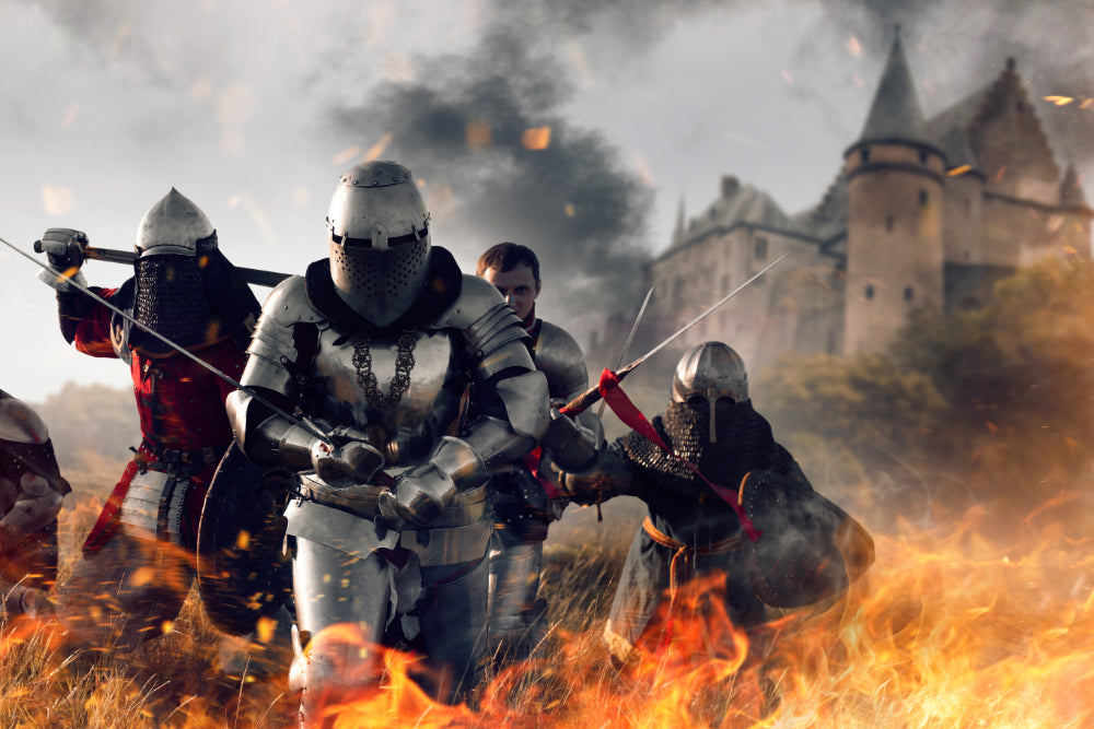 Medieval knights in armour and helmets with swords in battle on a fiery battleground 