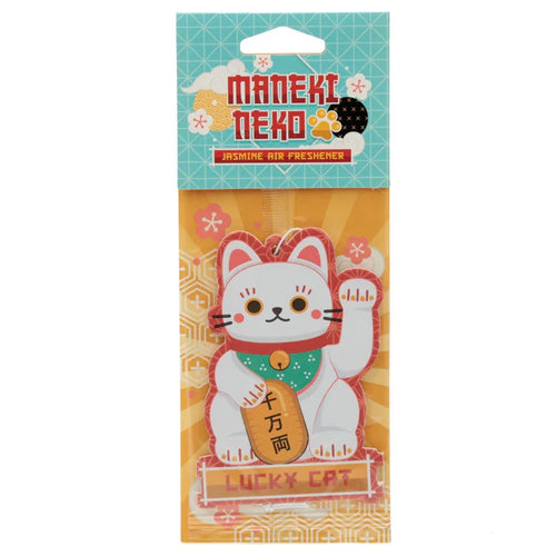 Front view of a white Maneki Neko lucky cat air freshener, shaped like a white cat with a red collar, green bib, and a raised paw holding a gold coin, presented in its clear retail packaging. The packaging also features 'Jasmine Air Freshener' and 'Lucky Cat' text.