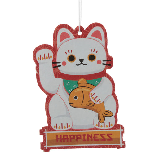 Front view of a white Maneki Neko lucky cat air freshener with a red outline and pattern, featuring a green bib and holding a golden fish. The cat has black eyes and pink cheeks, with 'HAPPINESS' printed on a banner at the bottom and a white string attached for hanging.