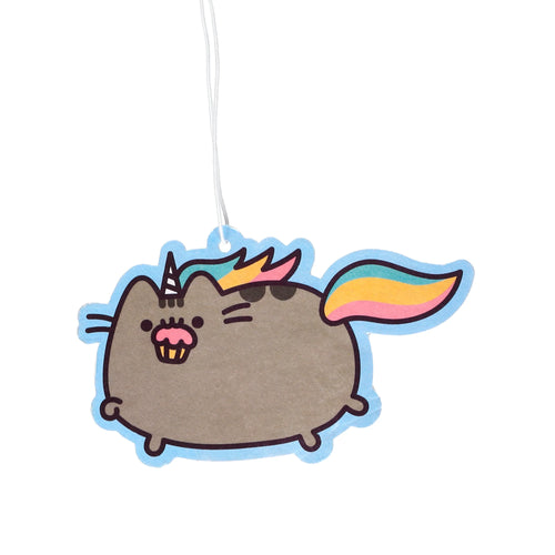 Angled view of a grey Pusheenicorn character air freshener featuring a light blue unicorn horn, rainbow mane and tail, and a pink cupcake in its mouth, with a white hanging string.