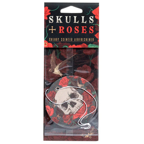 Front view of a packaged Skulls and Roses cherry scented air freshener, featuring a circular disc with a grey skull and red rose pattern, and a white hanging string. The packaging displays matching rose and swallow artwork.