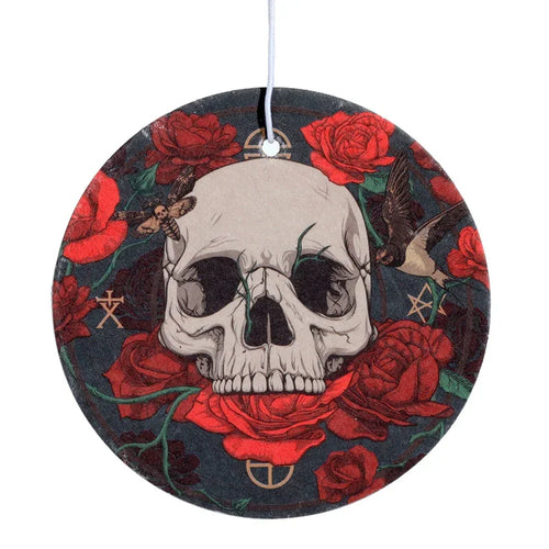 Circular air freshener depicting a central skull surrounded by red roses, a moth, and a bird on a dark background, with a white hanging string.