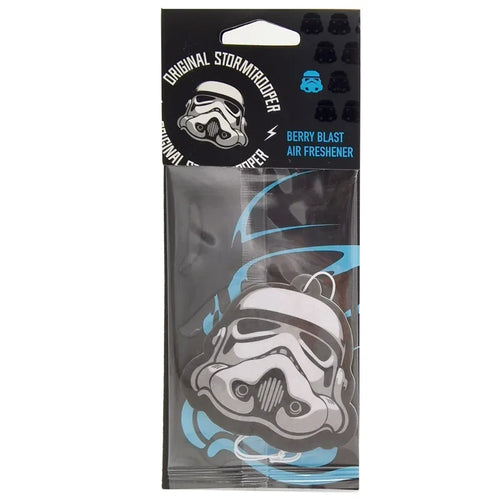Front view of an Original Stormtrooper helmet air freshener in black retail packaging. The white, grey, and black helmet is visible through a clear window, set against blue swirl graphics and labelled 'Berry Blast Air Freshener'.