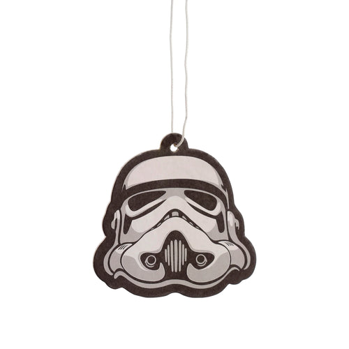 Front view of a cut-out stormtrooper helmet air freshener, featuring black and grey detailing and a white hanging string.