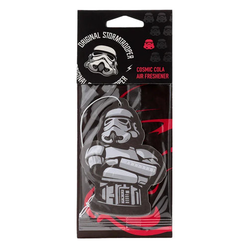 Front view of a Stormtrooper air freshener in black packaging, depicting a white and grey Stormtrooper character with crossed arms. The packaging includes the text 'Original Stormtrooper Cosmic Cola Air Freshener' and a Stormtrooper helmet graphic.