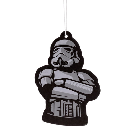 Front view of an Original Stormtrooper air freshener, shaped in black and grey, depicted with crossed arms and hanging by a white string.