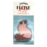 Front view of a cat-shaped air freshener, light brown with dark brown markings, sealed in clear plastic packaging. The white header card displays 'Feline Fine Raspberry Air freshener' text.