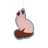 Full view of a feline air freshener shaped like a sitting cat with light beige fur, dark brown face, ears, and bushy tail, featuring a light blue outline and a white hanging loop.