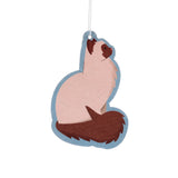 Front view of a feline air freshener shaped like a sitting cat, featuring a pale body, dark brown face, ears, and bushy tail, all outlined in light blue, with a white hanging string.