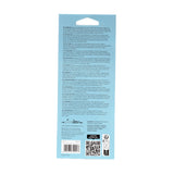 Back view of light blue rectangular air freshener packaging with a hang tab, featuring multi-language warning text, an ingredients list, a barcode, a QR code, and recycling symbols.