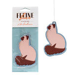 Front view of two air fresheners. One is in clear retail packaging with a white header card showing 'Raspberry Air Freshener' text. The other is unpackaged and hanging by a white string. Both air fresheners are shaped like a sitting cat, with a cream body, brown ears, face, and bushy tail, and a light blue border.