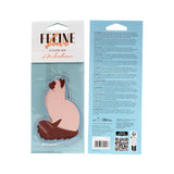 Front view of a raspberry scented air freshener shaped like a stylised white and brown cat, displayed in its white and light blue retail packaging, showing 'FELINE fine Raspberry Air freshener' text.