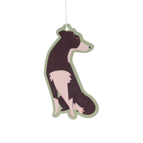 Sitting dark brown and cream dog-shaped air freshener with a light green border and white hanging string.