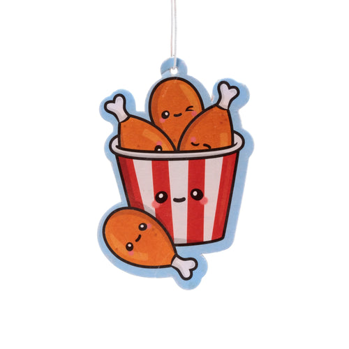 Front view of a cartoon-style air freshener depicting a red and white striped bucket filled with and surrounded by orange fried chicken drumsticks, each with a cute face, all outlined in light blue and featuring a white hanging string.