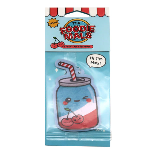 Front view of a cherry-scented air freshener in retail packaging, depicting a cartoon soft drink can character, Max, with a winking face, a striped straw, and cherries. The light blue cardboard packaging has a red and white striped awning design.