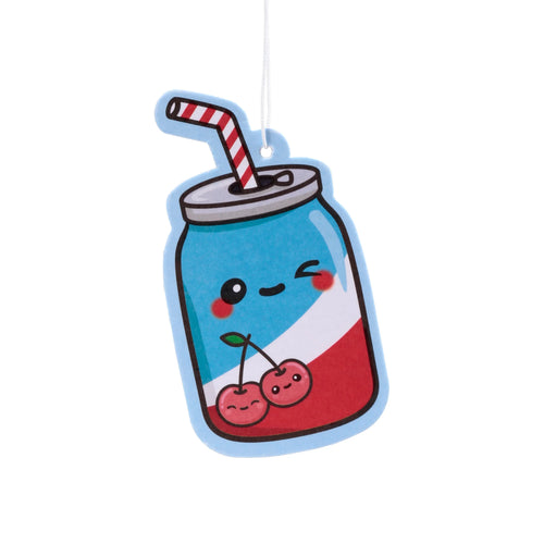 Front view of a cherry cola air freshener, shaped like a cartoon can with a cute face, red and white stripes, two smiling cherries, and a red and white striped straw, on a white background.