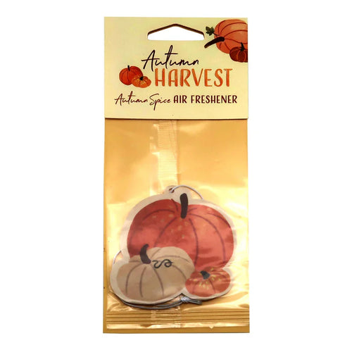 Front view of an Autumn Harvest Autumn Spice air freshener in clear packaging, featuring a header card with autumnal pumpkin illustrations and the air freshener itself shaped like orange and beige pumpkins.