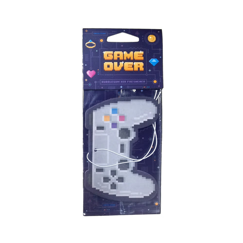 Front view of a bubblegum air freshener shaped like a pixelated grey game controller with coloured buttons, packaged in dark blue card featuring 'GAME OVER' text and a white hanging string.