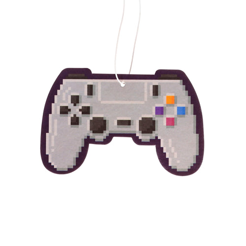 Front view of a pixelated grey game controller air freshener with a dark purple outline, showcasing dark grey, orange, blue, red, and purple buttons, and a white hanging string.