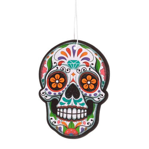 Front view of a vibrant Day of the Dead sugar skull air freshener, richly decorated with orange flowers in the eye sockets and colourful patterns, suspended by a white string.
