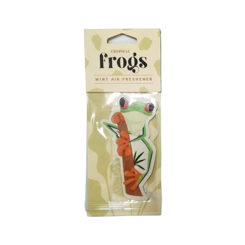 Front view of a mint scented tropical frog air freshener in retail packaging. The air freshener is shaped as a green tree frog with red eyes and orange toes, climbing a brown branch, visible through clear plastic.