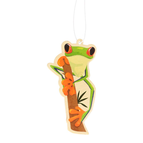 Front view of a tropical tree frog air freshener, depicting a green frog with red eyes and orange toes clinging to a brown branch, with a white hanging loop.
