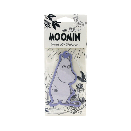 Front view of a Moomin-shaped peach scented air freshener, lilac with black details, presented in clear packaging featuring black and white botanical illustrations.