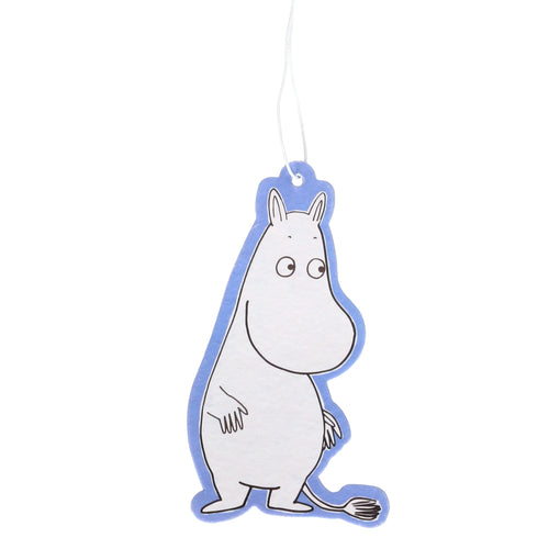Front view of a Moomin character air freshener, featuring a white Moomin with black outlines and a light blue surrounding border, complete with a white hanging string.