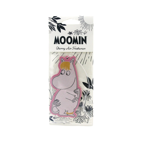 Front view of a cherry-scented Moomin Snorkmaiden air freshener in clear plastic packaging. The pink Snorkmaiden character with blonde hair is visible against a white backing card decorated with black botanical illustrations.