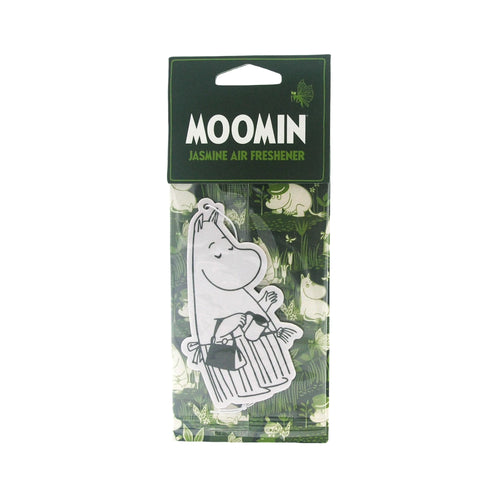 Front view of a jasmine scented air freshener in clear packaging with a dark green header. The header displays 'MOOMIN JASMINE AIR FRESHENER' in white text and a green butterfly graphic, with a hanging tab at the top. The white, Moomin-shaped air freshener inside depicts the character holding a watering can and a small rake, against a patterned dark green background featuring Moomin characters and plant illustrations.