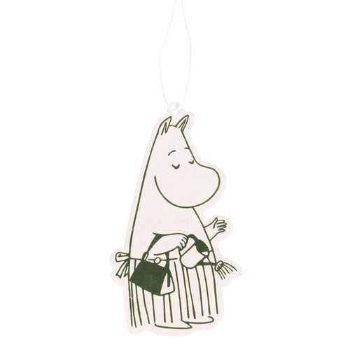 Moomin character gardening air freshener, light cream with dark green illustration, holding a watering can and rake, with white hanging string.
