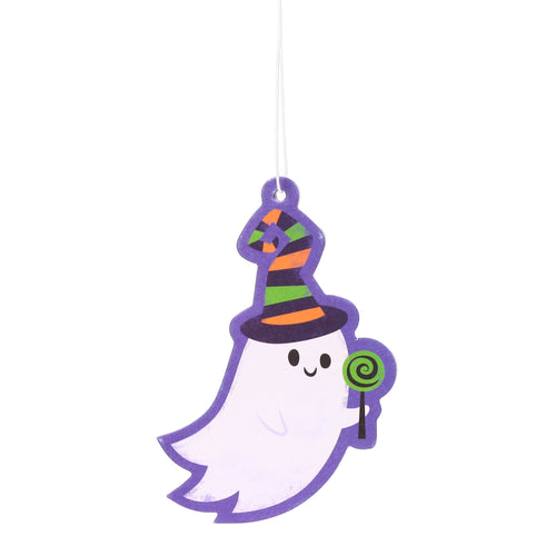 Front view of a white spooky ghost air freshener with a purple outline, wearing a purple, green, and orange striped witch's hat, holding a green lollipop, and displaying a happy facial expression.