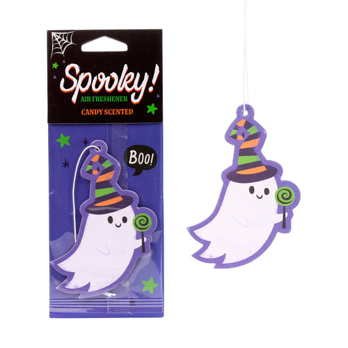 Front view of a Halloween air freshener depicting a white cartoon ghost in a striped witch's hat, holding a green lollipop. One ghost is displayed in clear packaging with a dark purple header stating 'Spooky!' and 'Candy Scented', while another identical ghost hangs freely beside it.