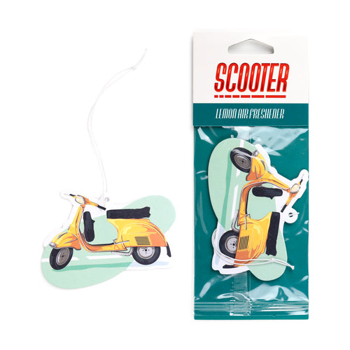 Overhead view of two lemon scooter air fresheners on a white background. One yellow scooter air freshener, with a black seat and green background shape, is unpackaged with a white hanging string. Beside it, an identical scooter air freshener is sealed in clear plastic packaging with a green header card, displaying 'SCOOTER' and 'LEMON AIR FRESHENER' text.