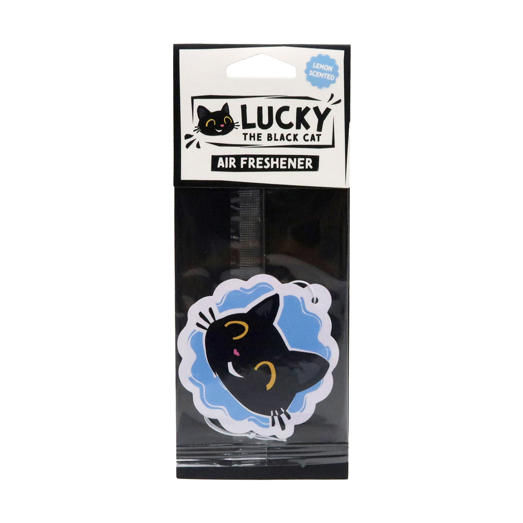 Front view of a lemon scented air freshener, featuring a stylised black cat face with yellow eyes and a pink nose on a blue background, displayed in clear packaging with a white header card showing 'Lucky the Black Cat' text and illustration.