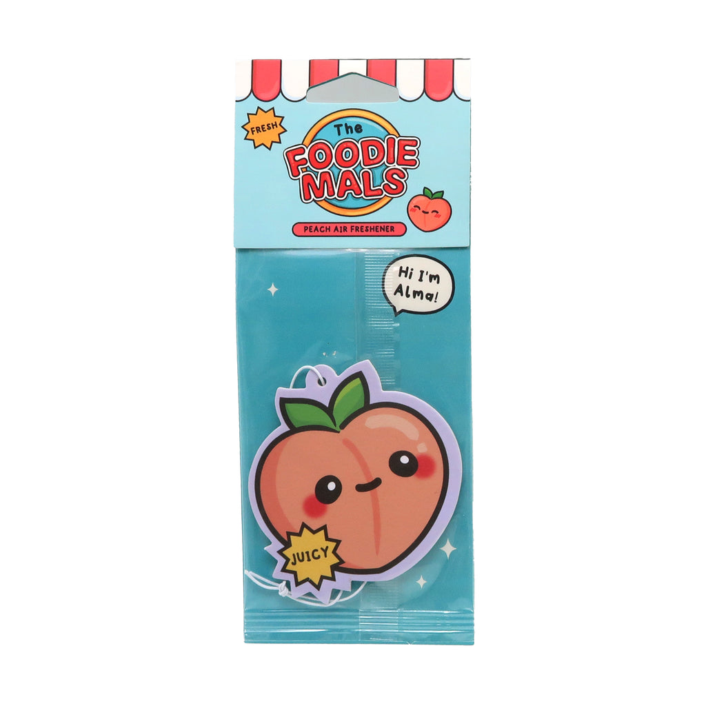 Front view of a peach-shaped air freshener, displayed in light blue retail packaging with 'The Foodie Mals' branding and 'JUICY' text, on a white background.