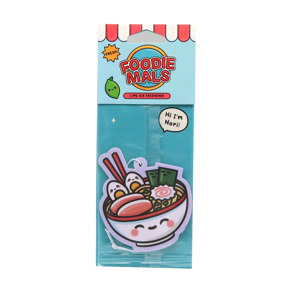 Front view of a lime scented air freshener in retail packaging, designed as a cartoon ramen bowl filled with smiling egg halves, seaweed, and chopsticks. The light blue header card features 'Foodiemals' text, a cartoon lime, and 'Lime Air Freshener' text, with a speech bubble displaying 'Hi I'm Nori!'.