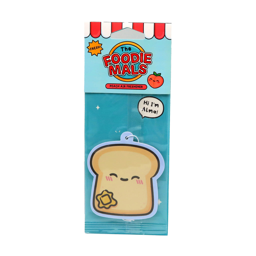 Front view of a peach-scented air freshener in its packaging. The air freshener itself is a cartoon toast character with a smiling face and a pat of butter. The light blue packaging features a red and white striped header, a graphic of a peach, and text indicating 'Peach Air Freshener'.