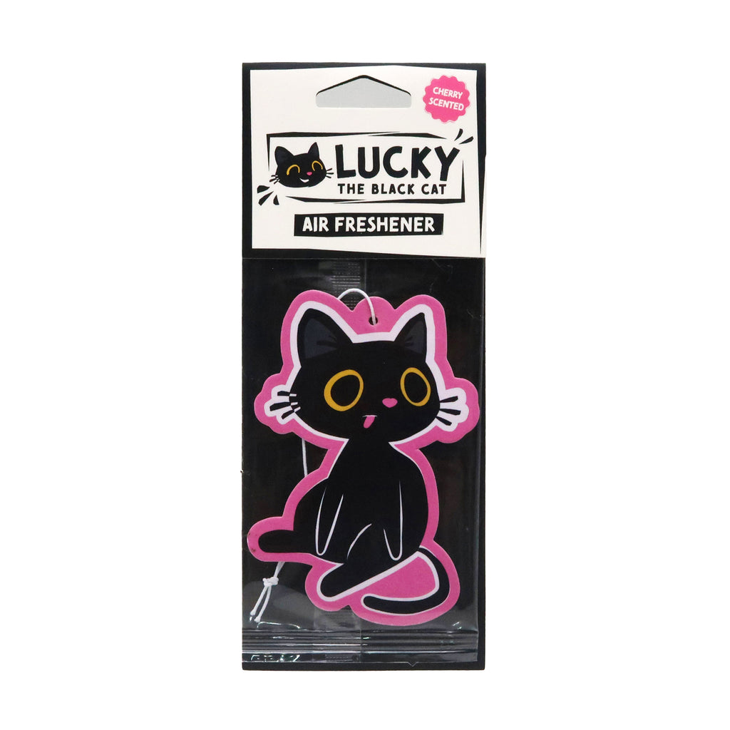 Front view of a black cat shaped air freshener in clear retail packaging with a black and white header card, labelled 'Lucky the Black Cat' and 'Cherry Scented', depicting a cartoon black cat with large yellow eyes, a pink nose, and a pink outline, with its tongue poking out.