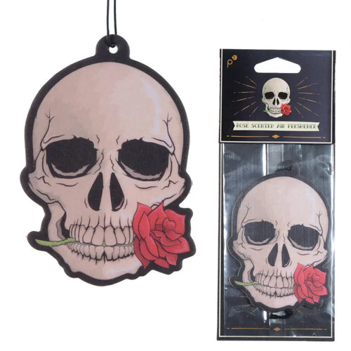 Unpackaged beige skull and red rose air freshener with a black hanging cord, displayed alongside an identical freshener in clear retail packaging featuring a black header card with 'Rose Scented Air Freshener' text.