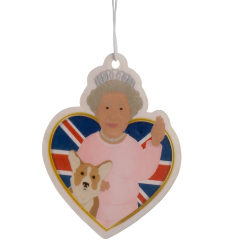 Front view of a heart-shaped air freshener depicting a cartoon queen holding a corgi, against a Union Jack flag background, with a golden border and white hanging string.