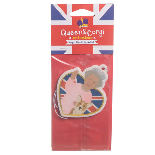 Front view of a Queen & Corgi Royal Bloom scented air freshener in its packaging. The heart-shaped air freshener shows a cartoon queen and corgi over a Union Flag, presented on a red card with a matching Union Flag header.