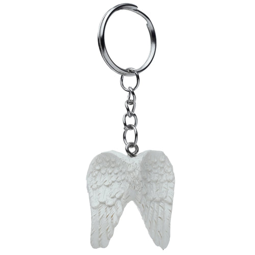 White angel wings keyring with textured feather detail, attached to a silver-coloured chain and split ring.