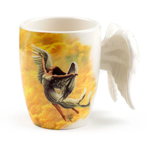 Angled view of a cream ceramic mug featuring a colourful decal of an angel with outstretched wings against a yellow cloud background, and a sculpted white angel wing handle.