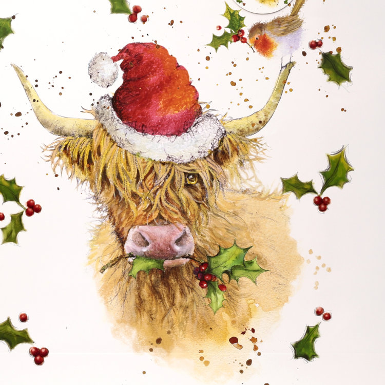Highland cow wearing a Santa hat with holly leaves and berries on a white background