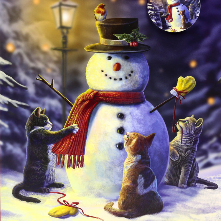 Snowman with a top hat and scarf, surrounded by cats in a winter scene.
