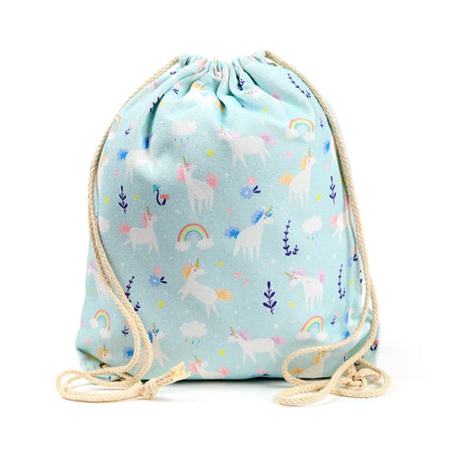 Light blue canvas drawstring bag with a repeating unicorn, rainbow, and cloud pattern, featuring natural braided cord drawstrings, shown upright.