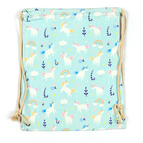 Full view of a light blue drawstring canvas bag, displaying a colourful pattern of unicorns, rainbows, clouds, and floral motifs, with natural rope drawstrings.